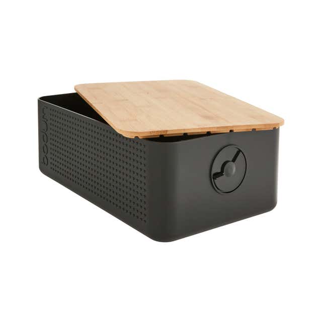 Boîte à pain en plastique noire et couvercle bambou 19x29x11cm