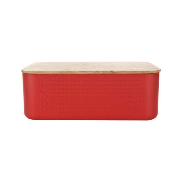 boîte à pain en plastique rouge et couvercle bambou 19x29x11cm