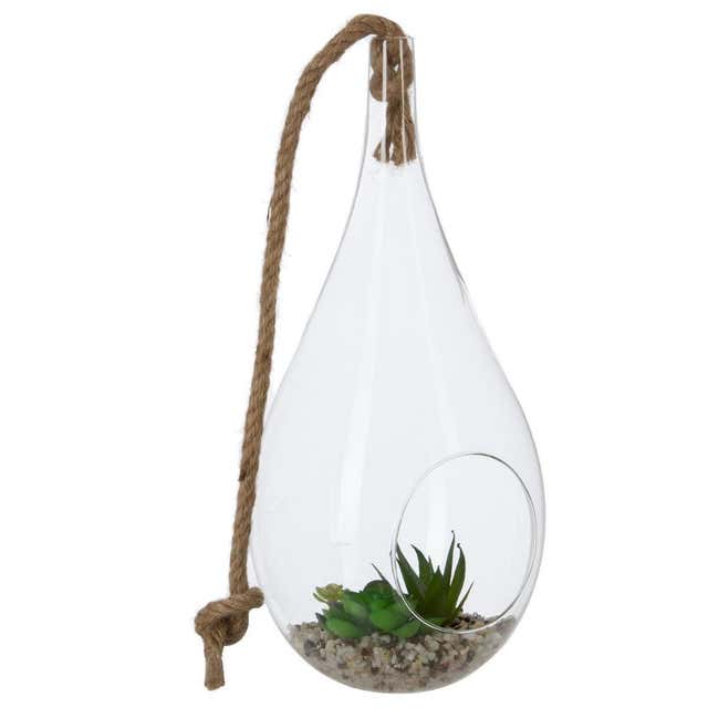Vase goutte en verre à suspendre avec plante d10xh19cm