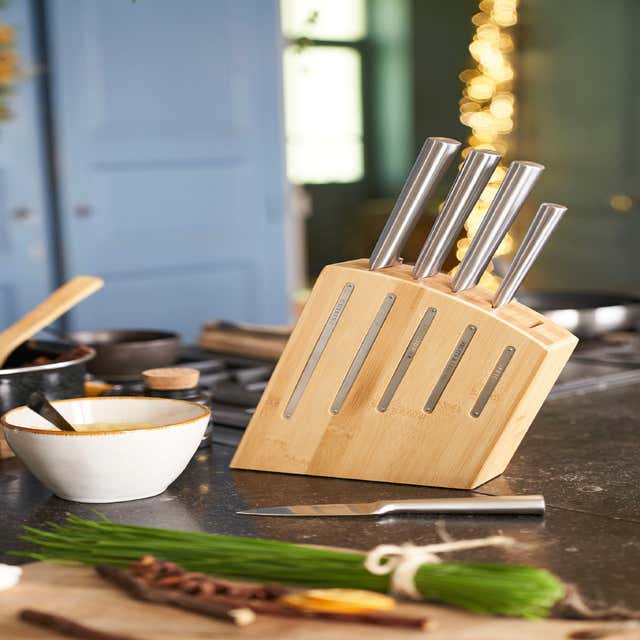 Ensemble de 5 couteaux cuisine acier inoxydable Set bloc de bambou