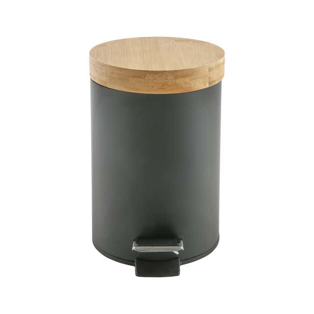 Poubelle salle de bain à pédale 3L en métal noir et bambou